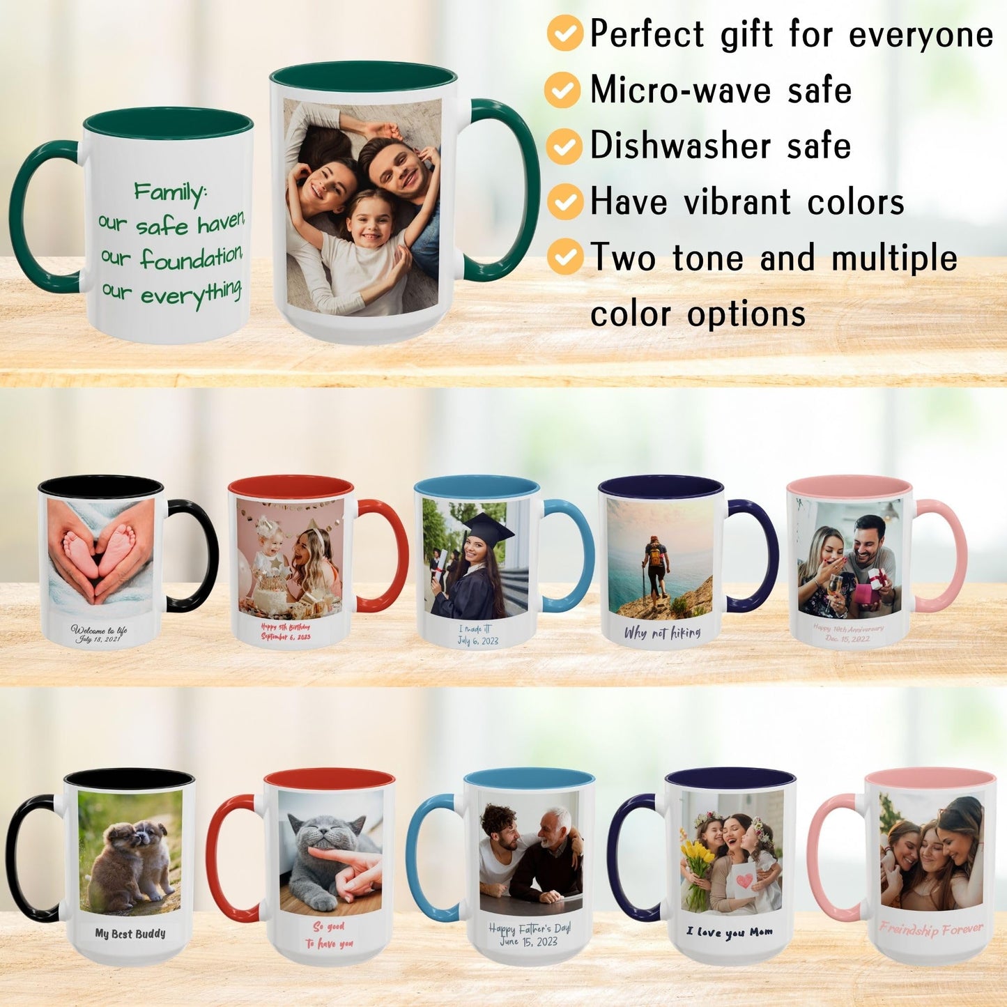 Mug personnalisé blanc/vert 44 cl, cadeau personnalisé avec photo, texte ou logo, format carré
