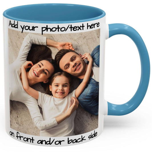 Custom Mug, 325ml White/Light Blue Square Design Ceramic Coffee Mug, Personalized Gift with Photo, Text or Logo