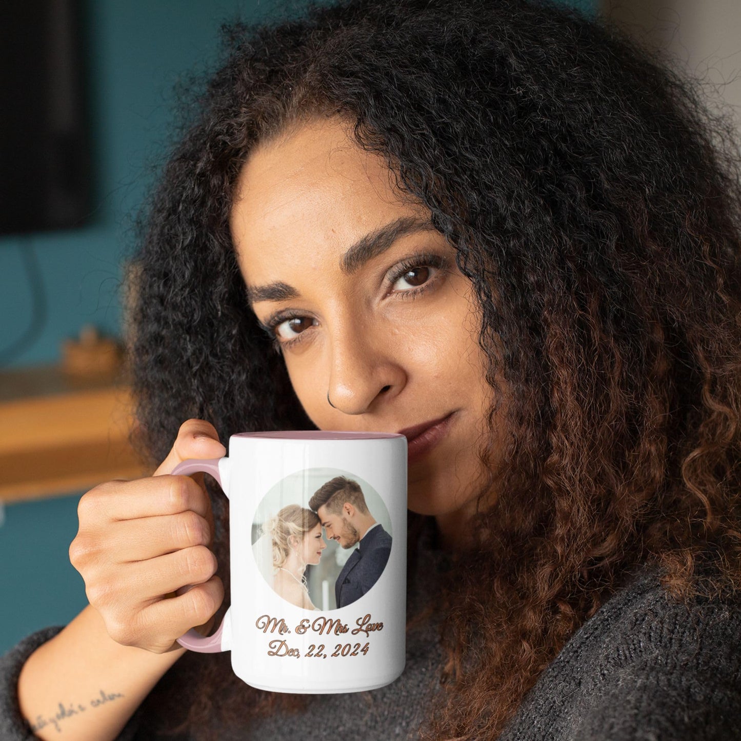 Mug personnalisé, Tasse à café en céramique 44 cl, design cercle blanc/rose, cadeau personnalisé avec photo, texte ou logo