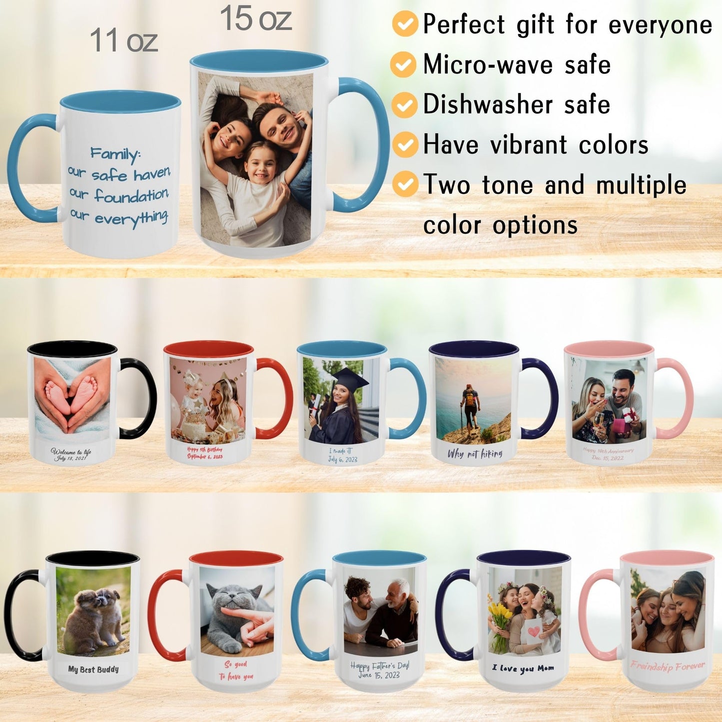 Mug personnalisé, 44 cl, en céramique, blanc/bleu clair, motif carré, cadeau personnalisé avec photo, texte ou logo