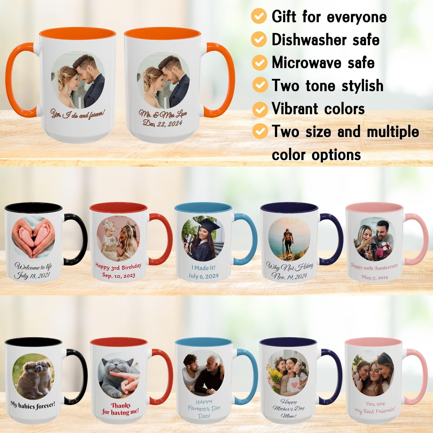 Custom Mug White/Orange 15oz, Personalized Gift with Photo, Text or Logo, Cirle Design