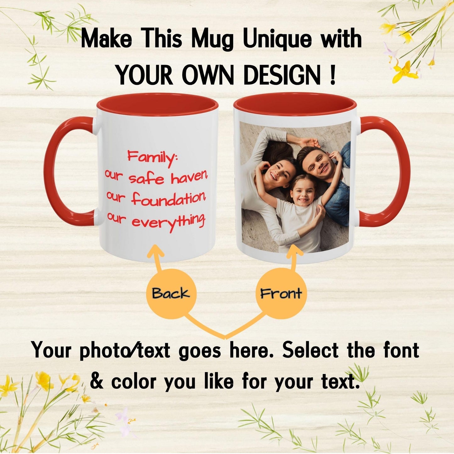Custom Mug, 11oz White/Red Square Design Ceramic Coffee Mug, Personalized Gift with Photo, Text or Logo