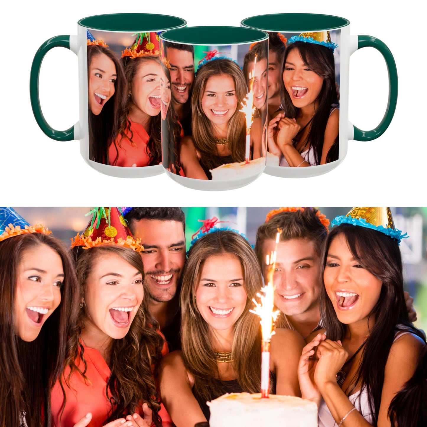 Custom Mug White/Green 15oz, Personalized Gift with Photo, Text or Logo, Wrap Around Design