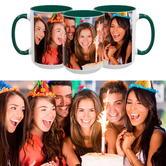 Custom Mug White/Green 15oz, Personalized Gift with Photo, Text or Logo, Wrap Around Design