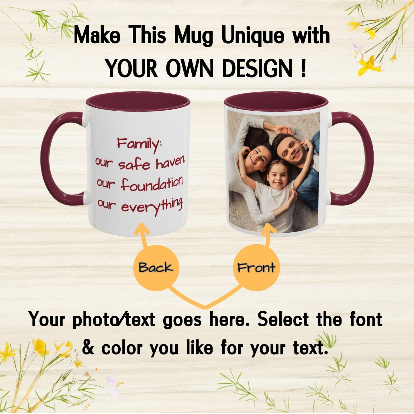 Custom Mug, 11oz White/Maroon Square Design Ceramic Coffee Mug, Personalized Gift with Photo, Text or Logo