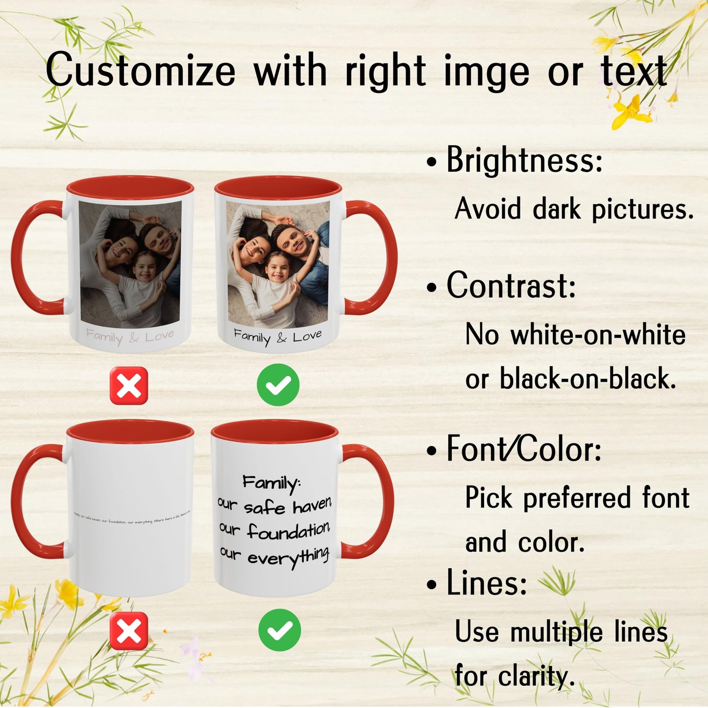 Custom Mug White/Red 11oz, Personalized Gift with Photo, Text or Logo, Square Design