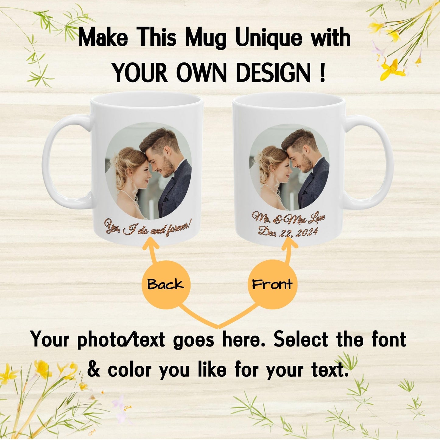 Custom Mug, 11oz All White Circle Design Ceramic Coffee Mug, Personalized Gift with Photo, Text or Logo