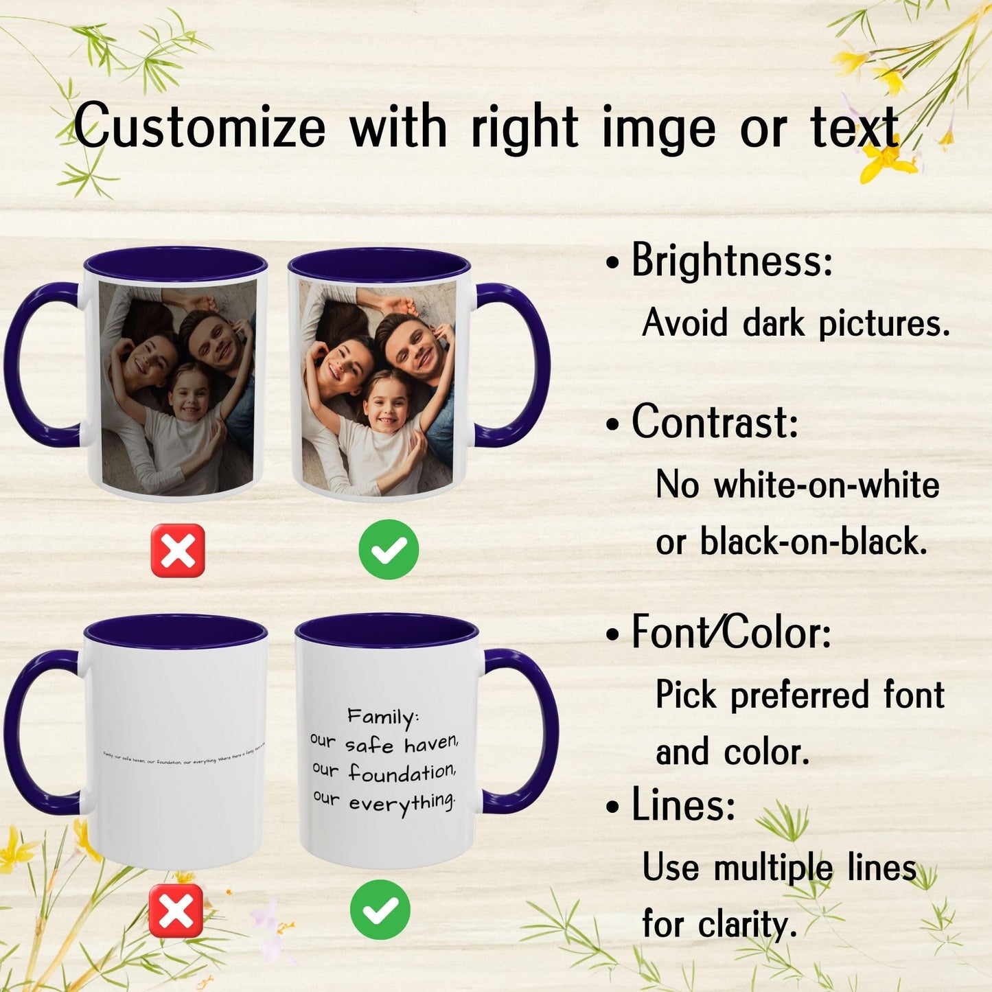 Custom Mug White/Blue 11oz, Personalized Gift with Photo, Text or Logo, Square Design