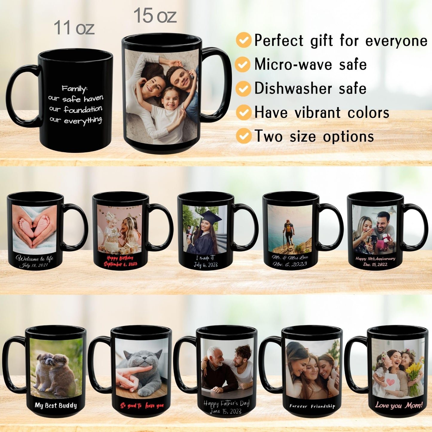 Mug carré personnalisé noir 44 cl (15 oz), cadeau personnalisé avec photo, texte ou logo