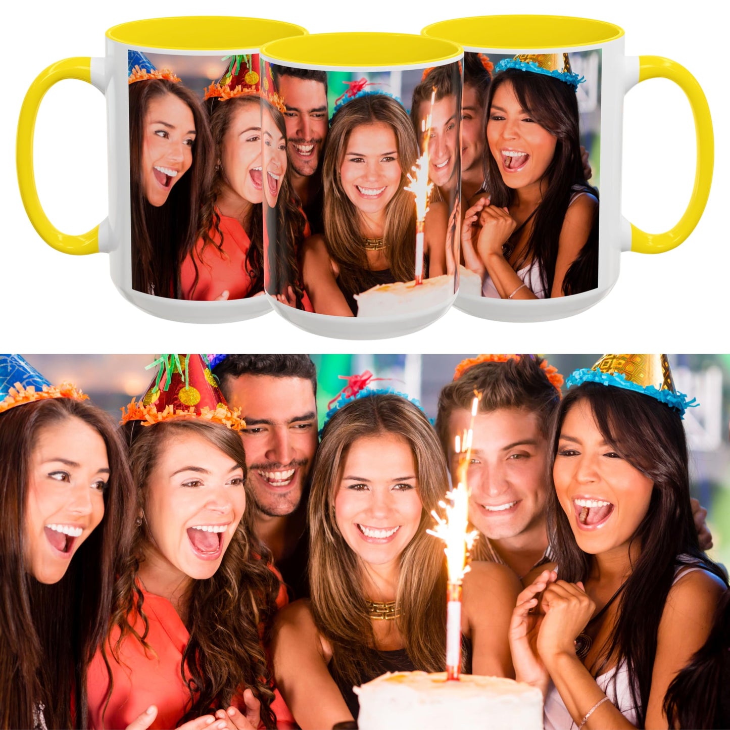 Custom Mug White/Yellow 15oz, Personalized Gift with Photo, Text or Logo, Wrap Around Design