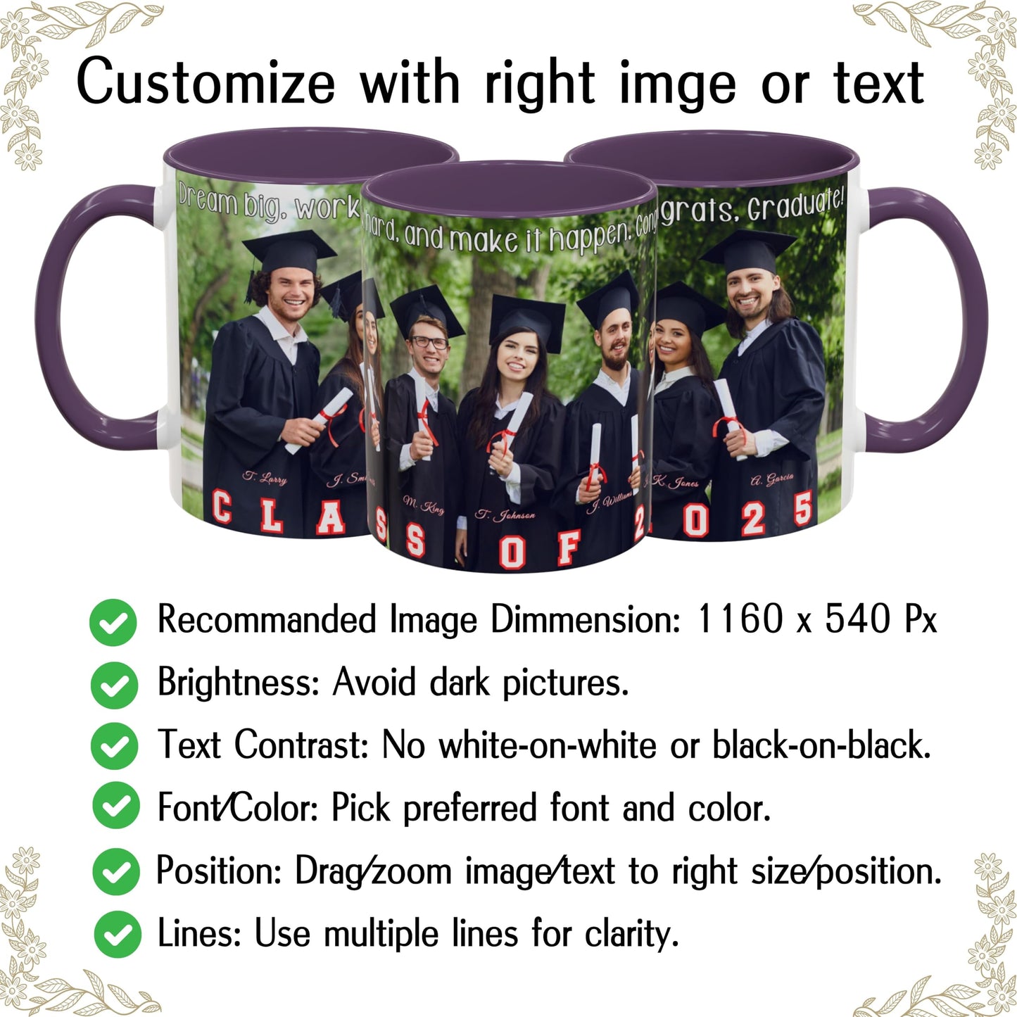 Mug personnalisé, mug à café en céramique blanc/violet de 325 ml avec motif enveloppant, cadeau personnalisé avec photo, texte ou logo