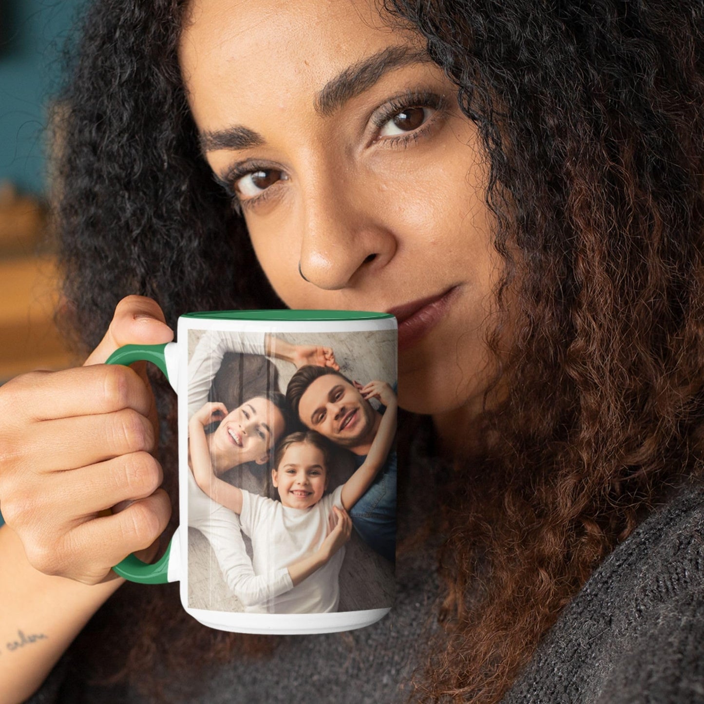 Mug personnalisé blanc/vert 44 cl, cadeau personnalisé avec photo, texte ou logo, format carré