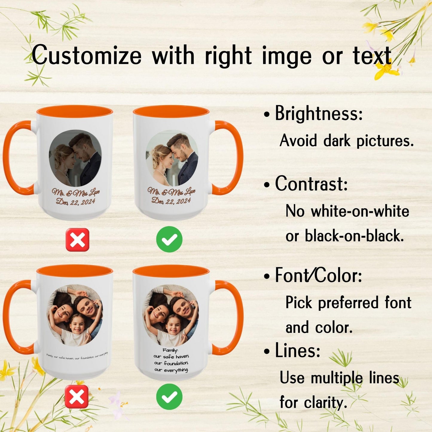 Mug personnalisé, Mug en céramique blanc/orange 44 cl, Cadeau personnalisé avec photo, texte ou logo
