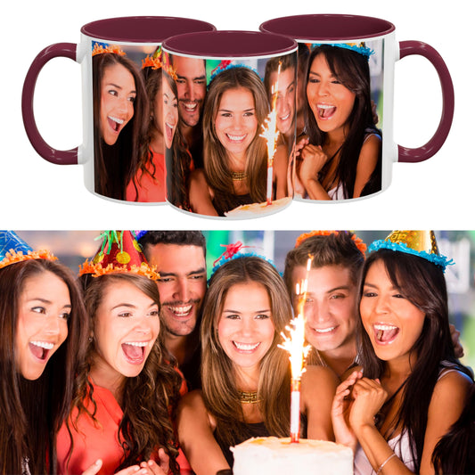 Custom Mug White/Maroon 11oz, Personalized Gift with Photo, Text or Logo, Wrap Around Design