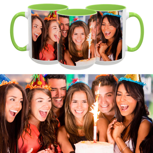 Custom Mug White/Light Green 15oz, Personalized Gift with Photo, Text or Logo, Wrap Around Design