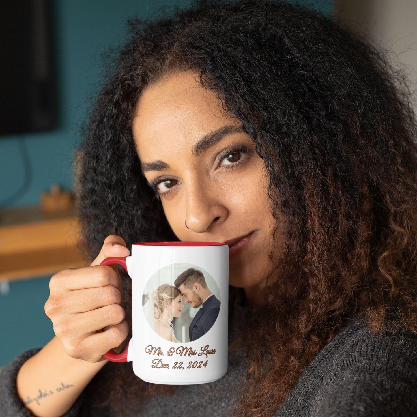 Custom Mug White/Red 15oz, Personalized Gift with Photo, Text or Logo, Cirle Design