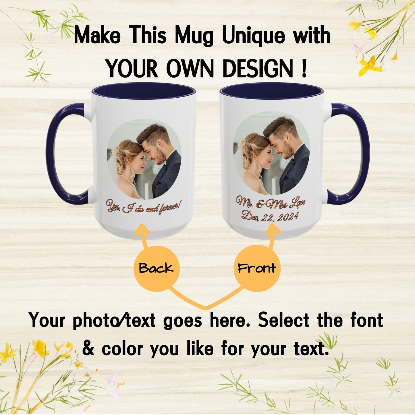 Custom Mug White/Navy 15oz, Personalized Gift with Photo, Text or Logo, Cirle Design