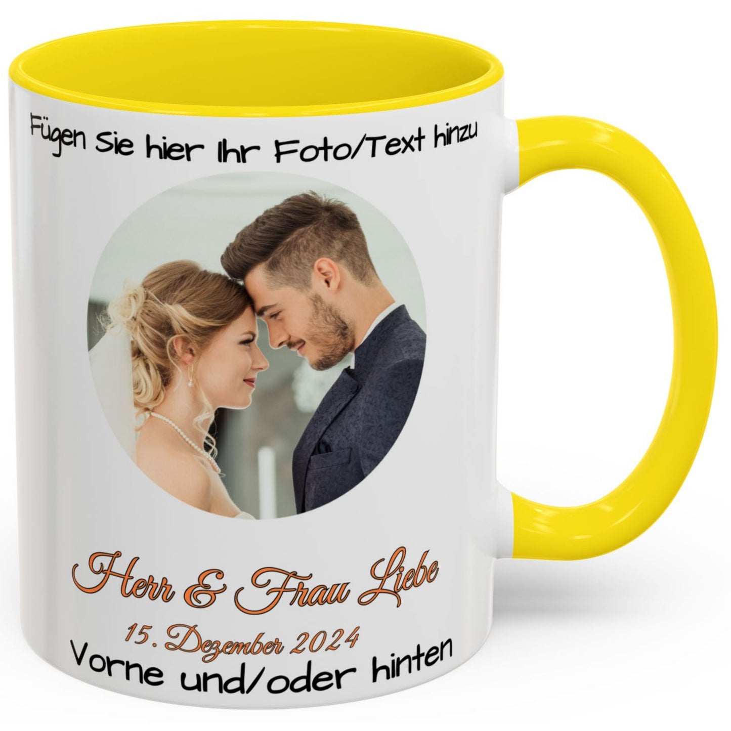 Personalisierte Tasse, weiß/gelb, 325 ml, mit Foto, Text oder Logo, Kreisdesign