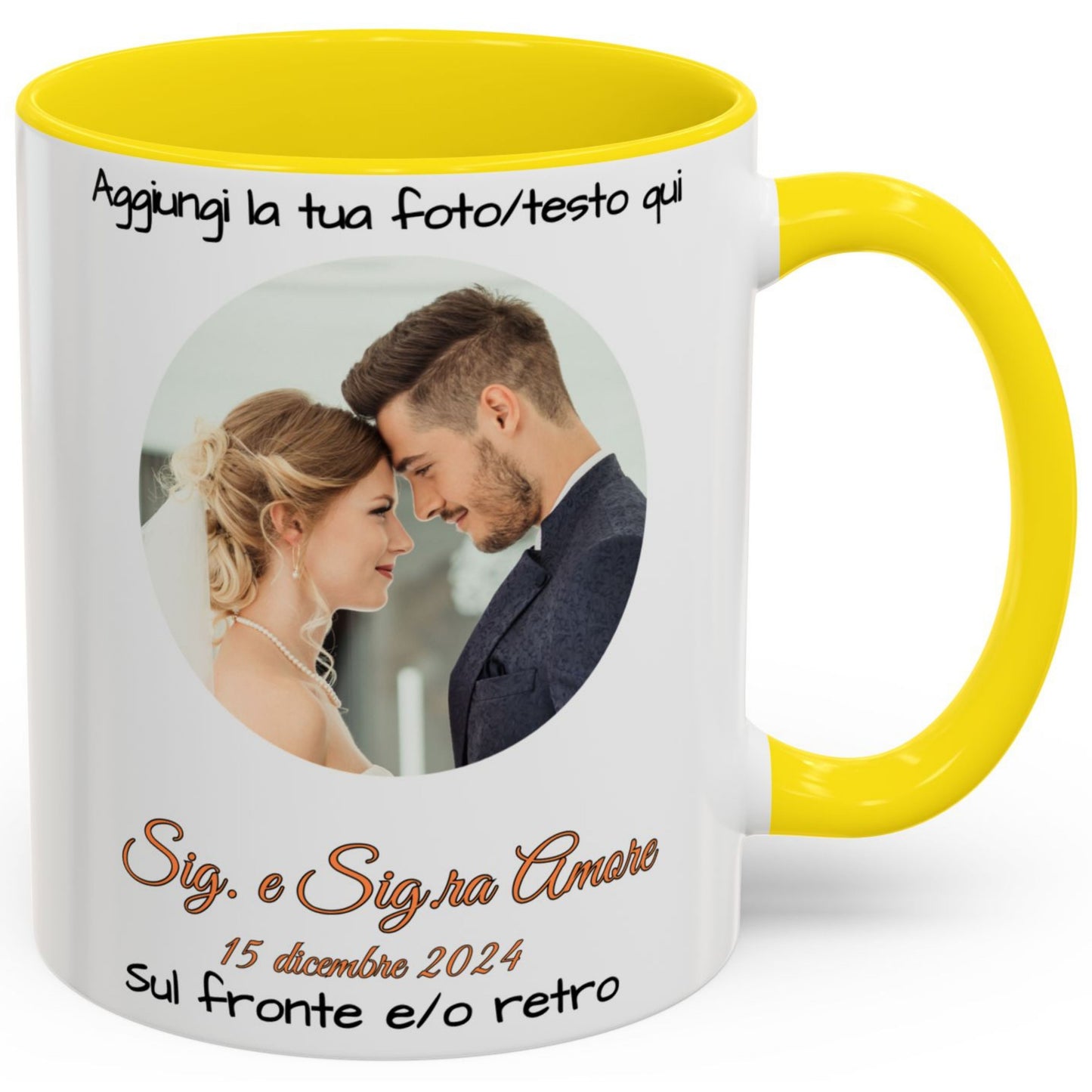Mug personnalisé, 325 ml Blanc/jaune Design circulaire Tasse à café en céramique, Cadeau personnalisé avec photo, texte ou logo