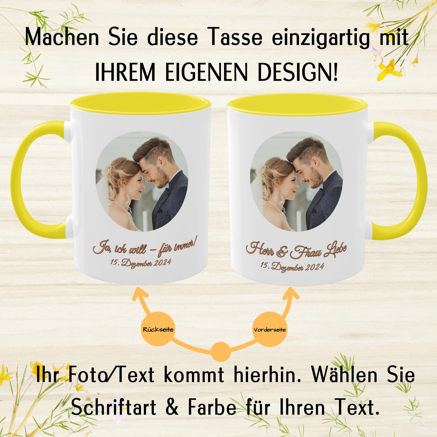 Personalisierte Tasse, weiß/gelb, 325 ml, mit Foto, Text oder Logo, Kreisdesign