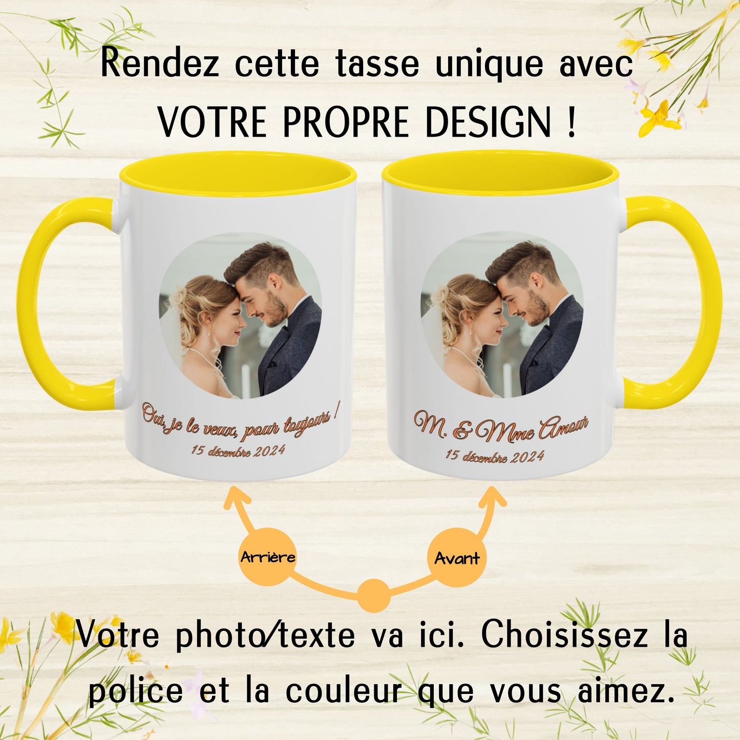 Personalisierte Tasse, 325ml Weiß/Gelbes Kreis-Design Keramiktasse, Personalisiertes Geschenk mit Foto, Text oder Logo