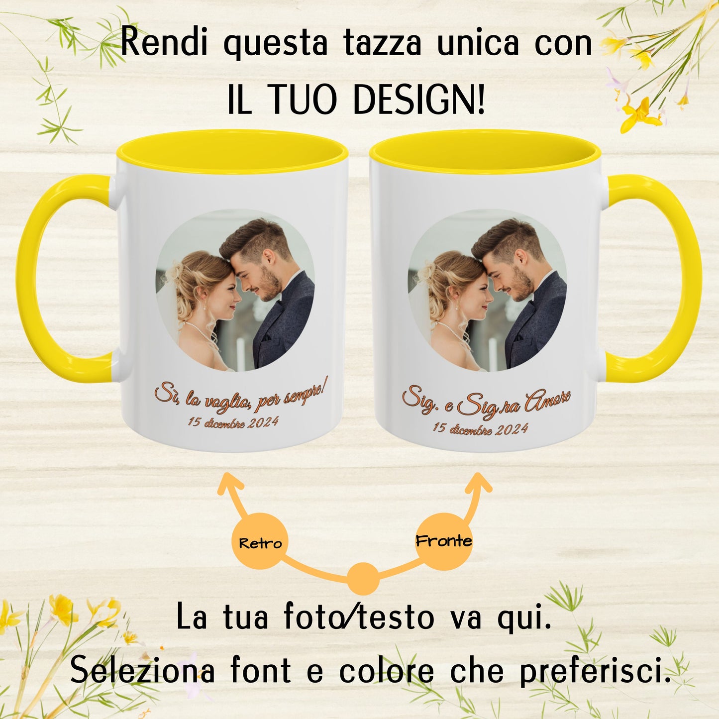 Mug personnalisé, 325 ml Blanc/jaune Design circulaire Tasse à café en céramique, Cadeau personnalisé avec photo, texte ou logo