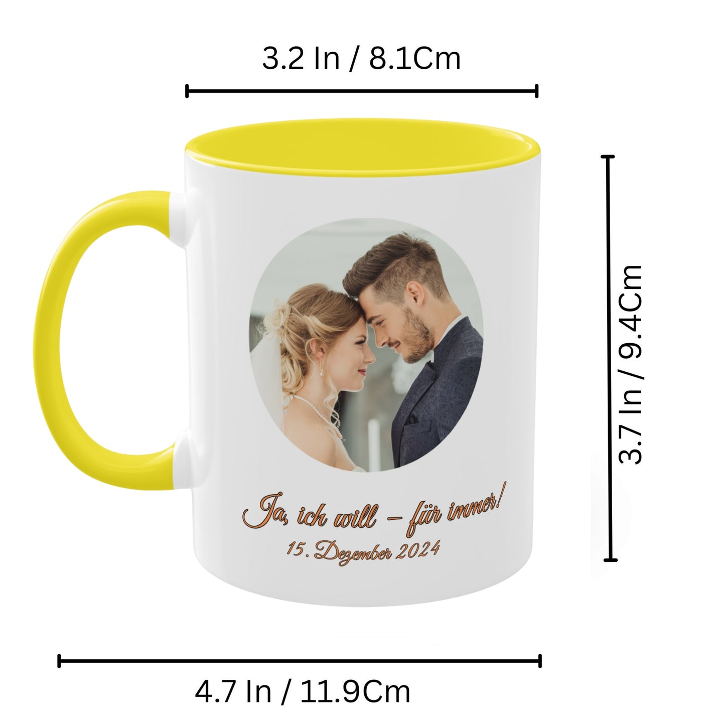 Personalisierte Tasse, weiß/gelb, 325 ml, mit Foto, Text oder Logo, Kreisdesign