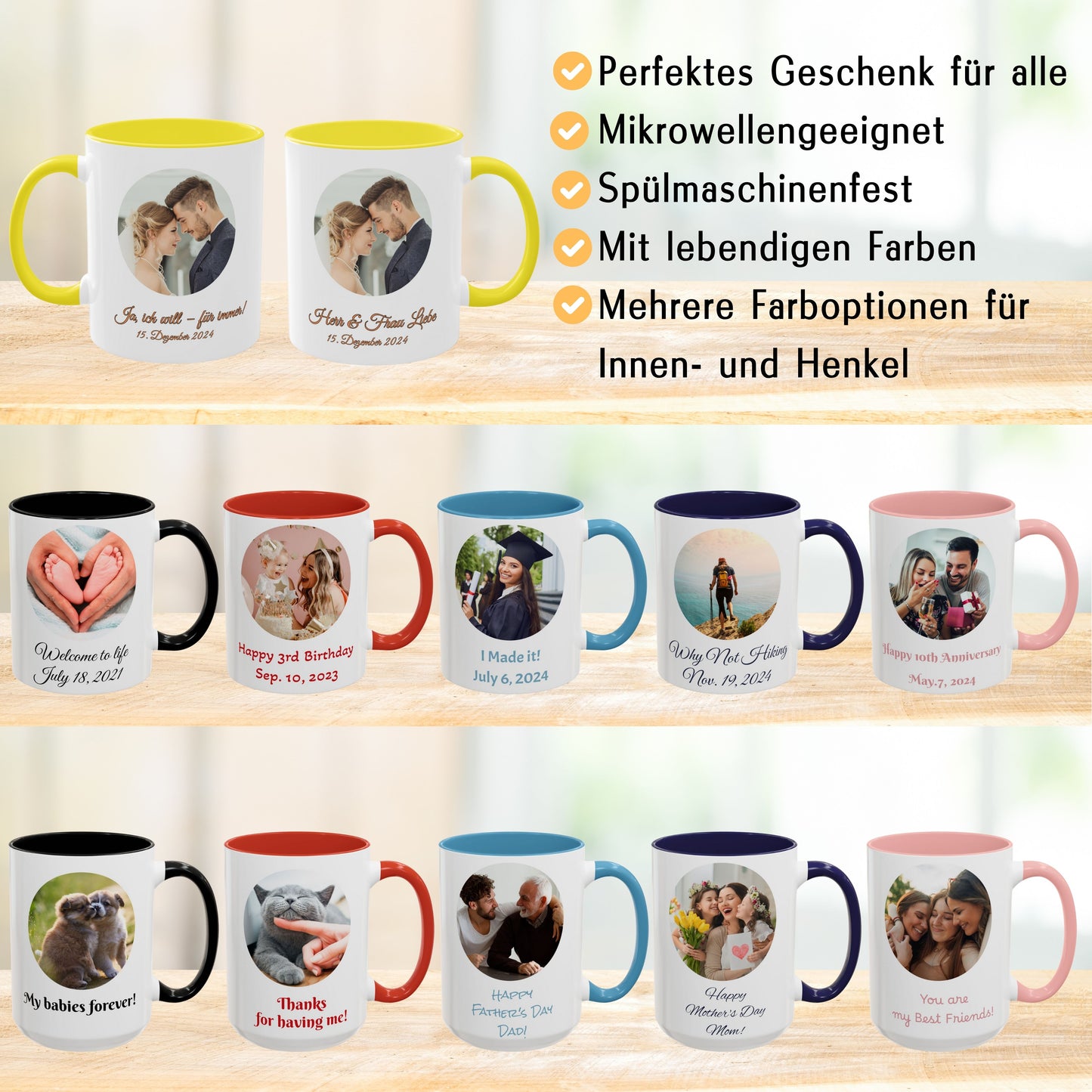 Personalisierte Tasse, weiß/gelb, 325 ml, mit Foto, Text oder Logo, Kreisdesign