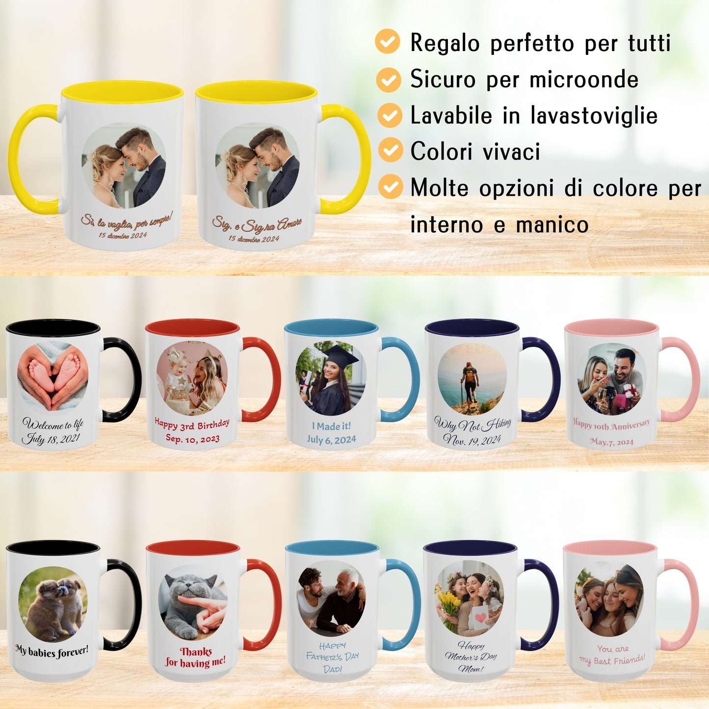 Mug personnalisé, 325 ml Blanc/jaune Design circulaire Tasse à café en céramique, Cadeau personnalisé avec photo, texte ou logo