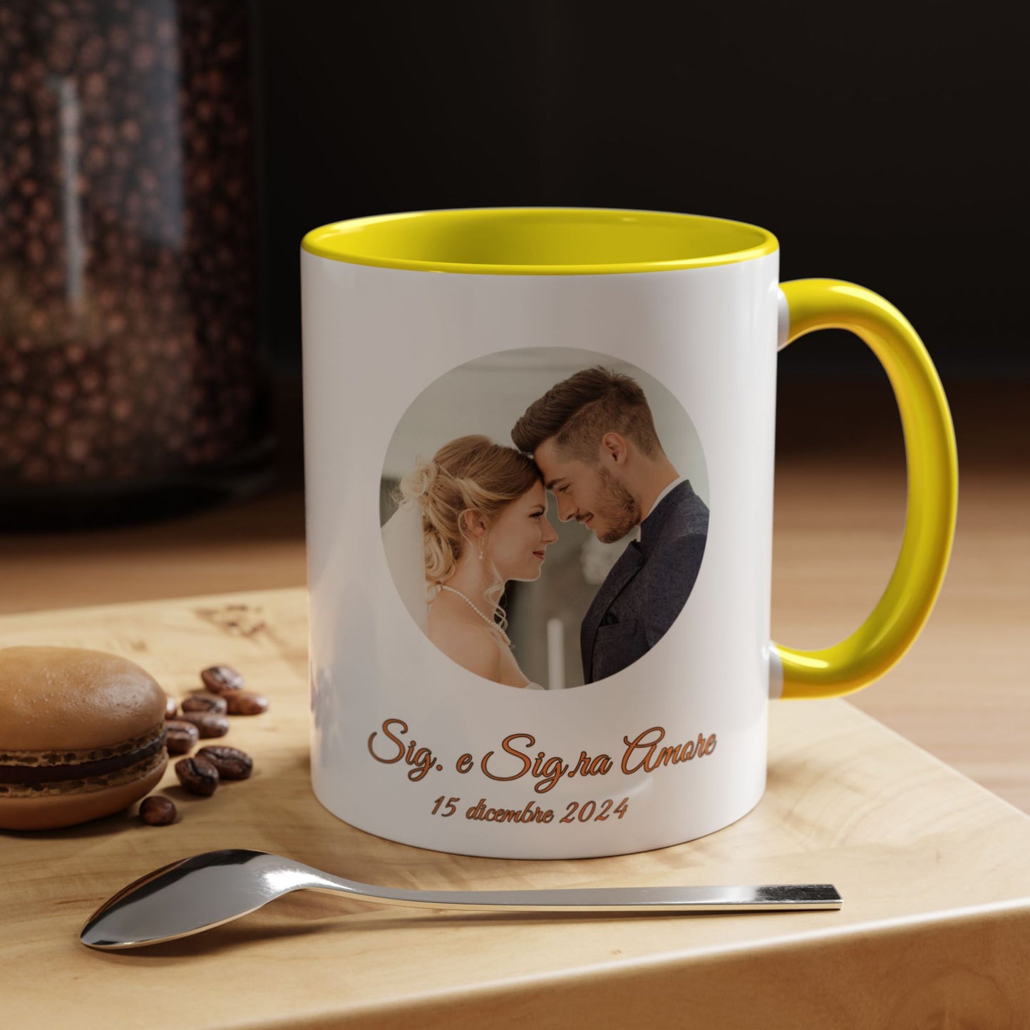 Mug personnalisé, 325 ml Blanc/jaune Design circulaire Tasse à café en céramique, Cadeau personnalisé avec photo, texte ou logo