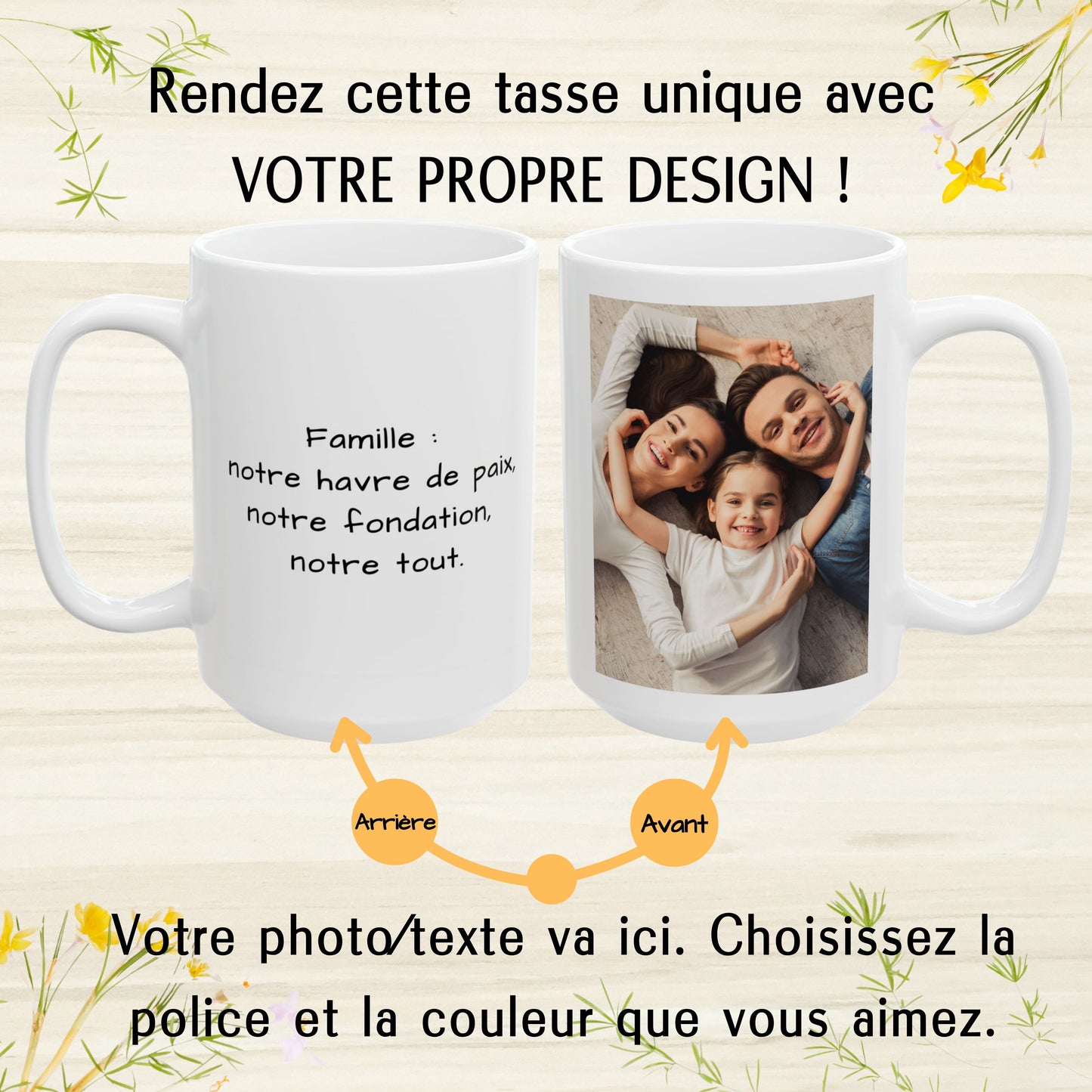 Mug personnalisé, Tasse à café en céramique blanche carrée de 425 ml, Cadeau personnalisé avec photo, texte ou logo