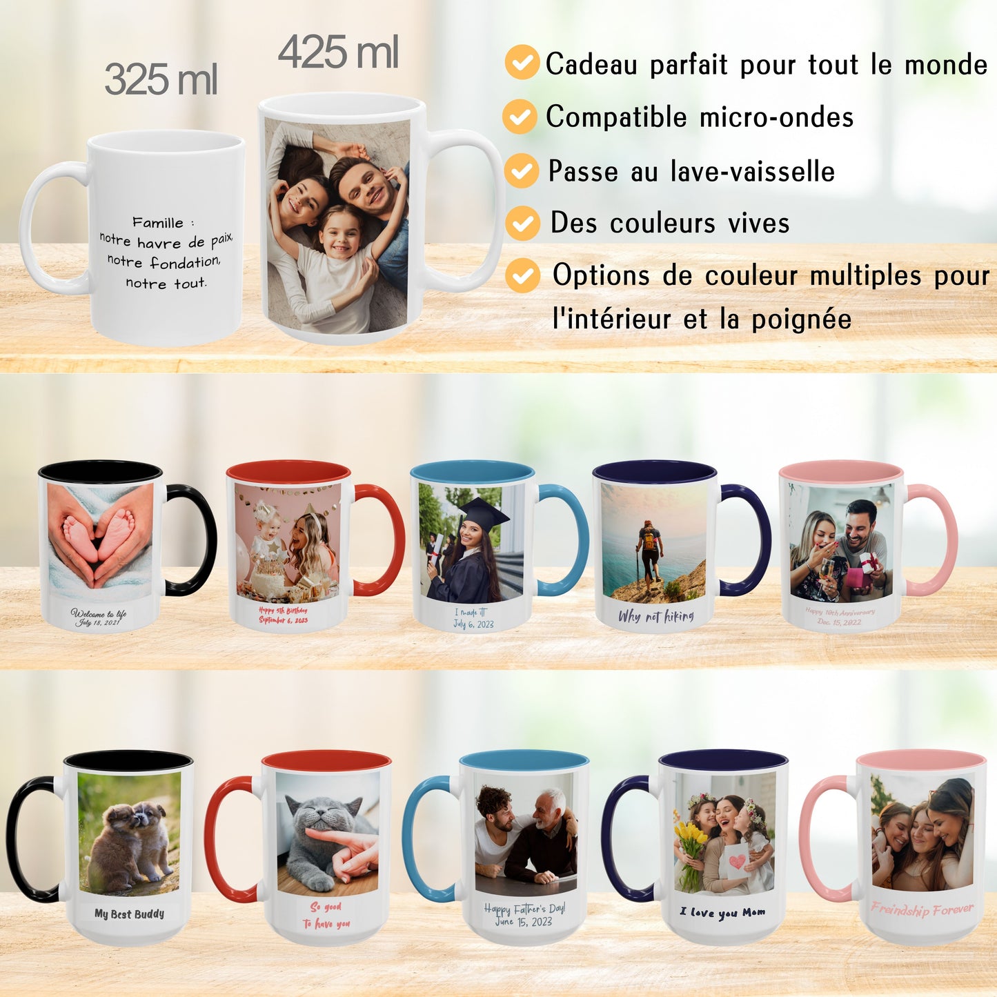 Mug personnalisé, Tasse à café en céramique blanche carrée de 425 ml, Cadeau personnalisé avec photo, texte ou logo