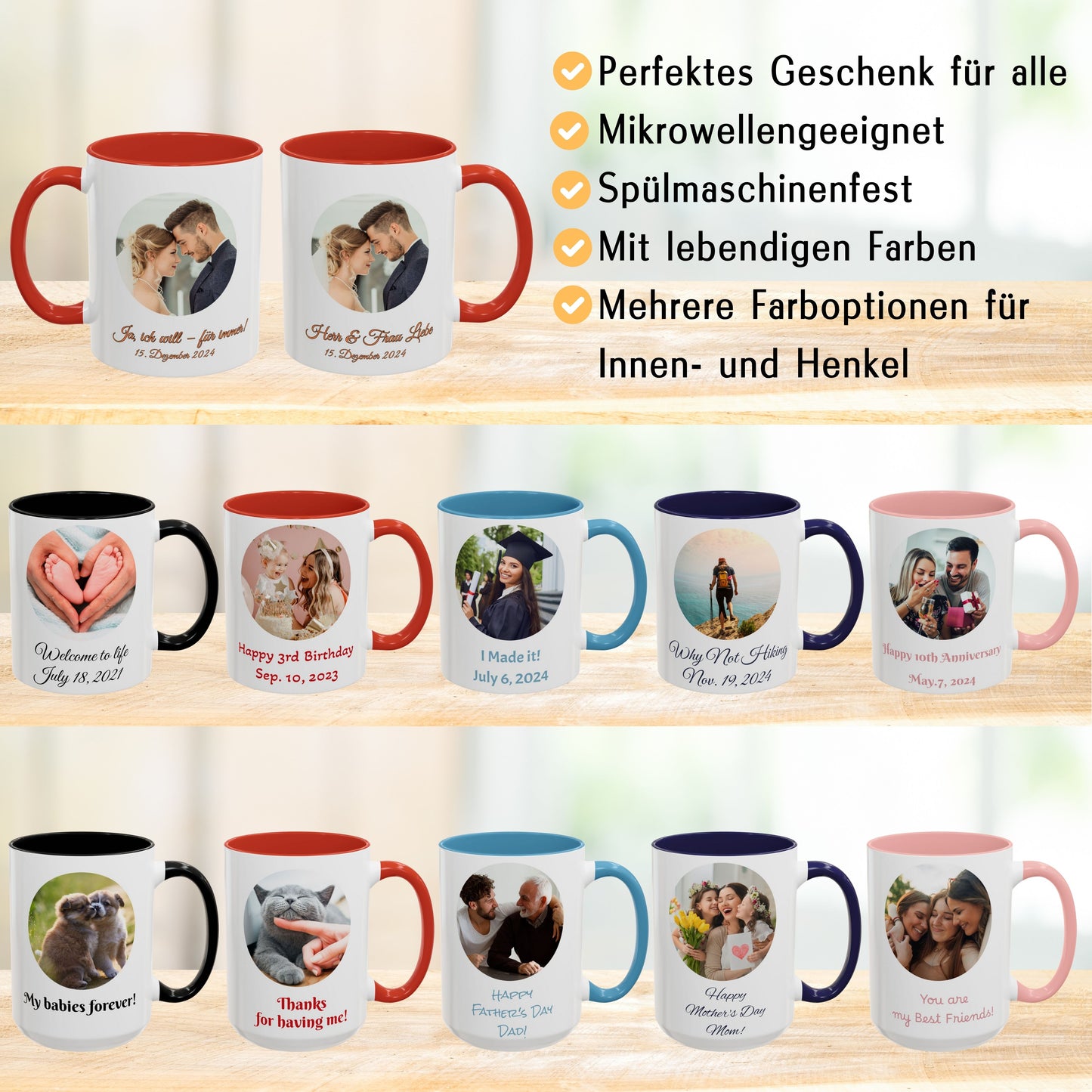 Personalisierte Tasse, weiß/rot, 325 ml, Geschenkidee mit Foto, Text oder Logo, Kreisdesign