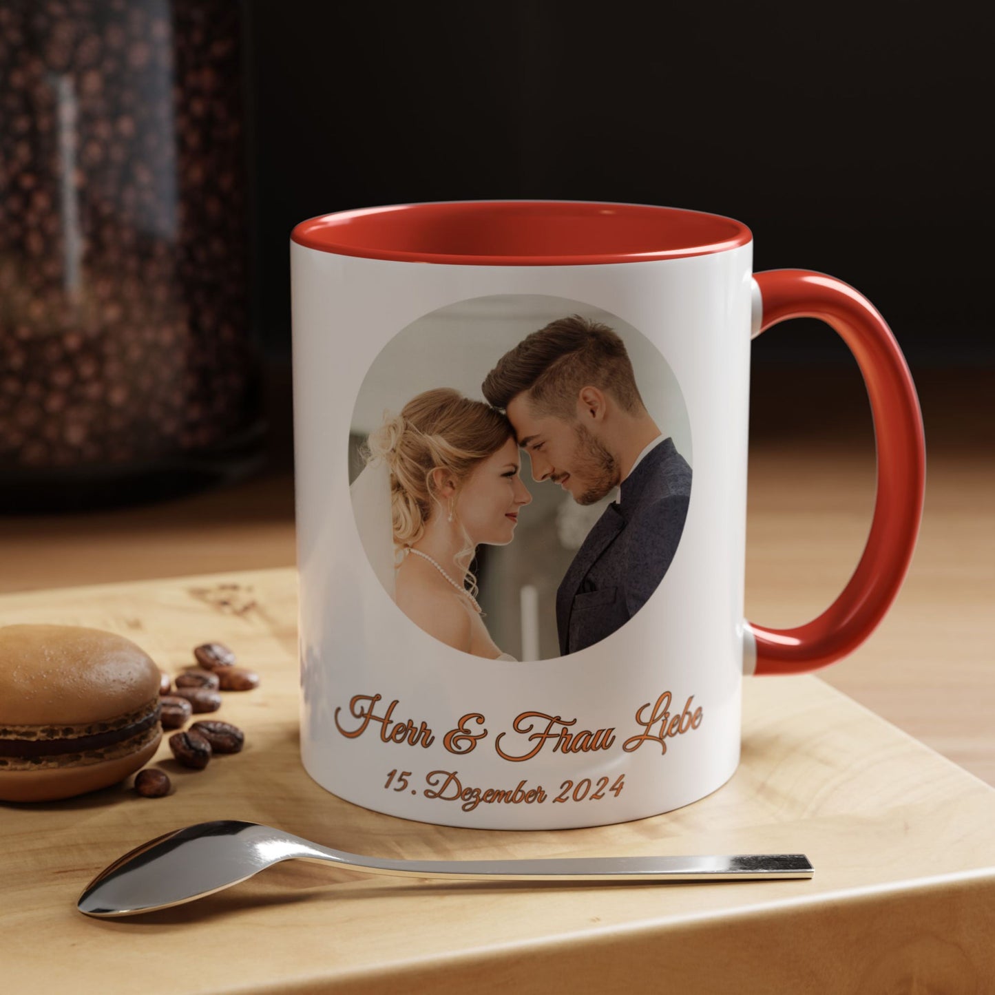 Personalisierte Tasse, weiß/rot, 325 ml, Geschenkidee mit Foto, Text oder Logo, Kreisdesign
