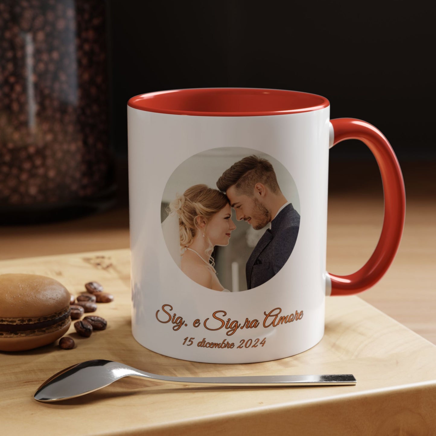 Personalisierte Tasse, 325 ml Weiß/Rot Kreisförmiges Design Keramik-Kaffeetasse, personalisiertes Geschenk mit Foto, Text oder Logo