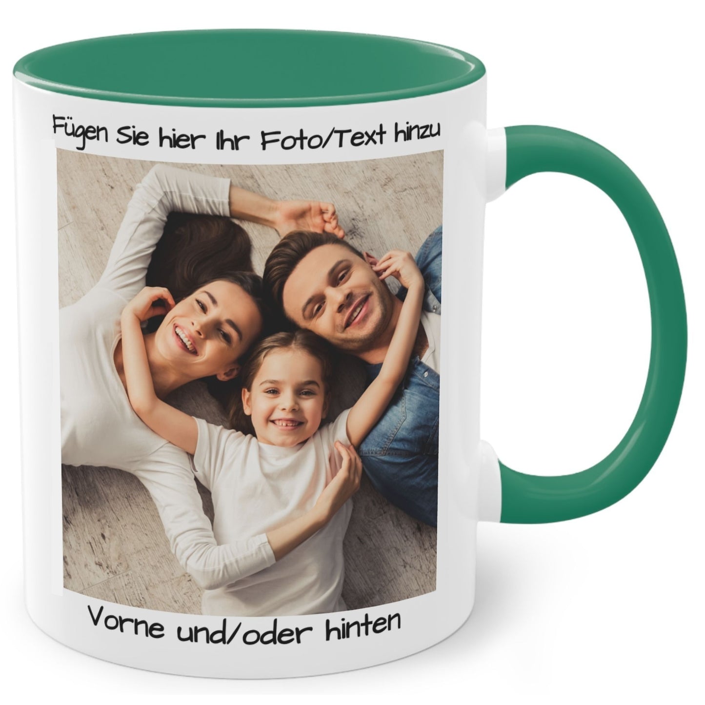 Personalisierte Tasse, weiß/grün, 325 ml, Geschenkidee mit Foto, Text oder Logo, quadratisches Design