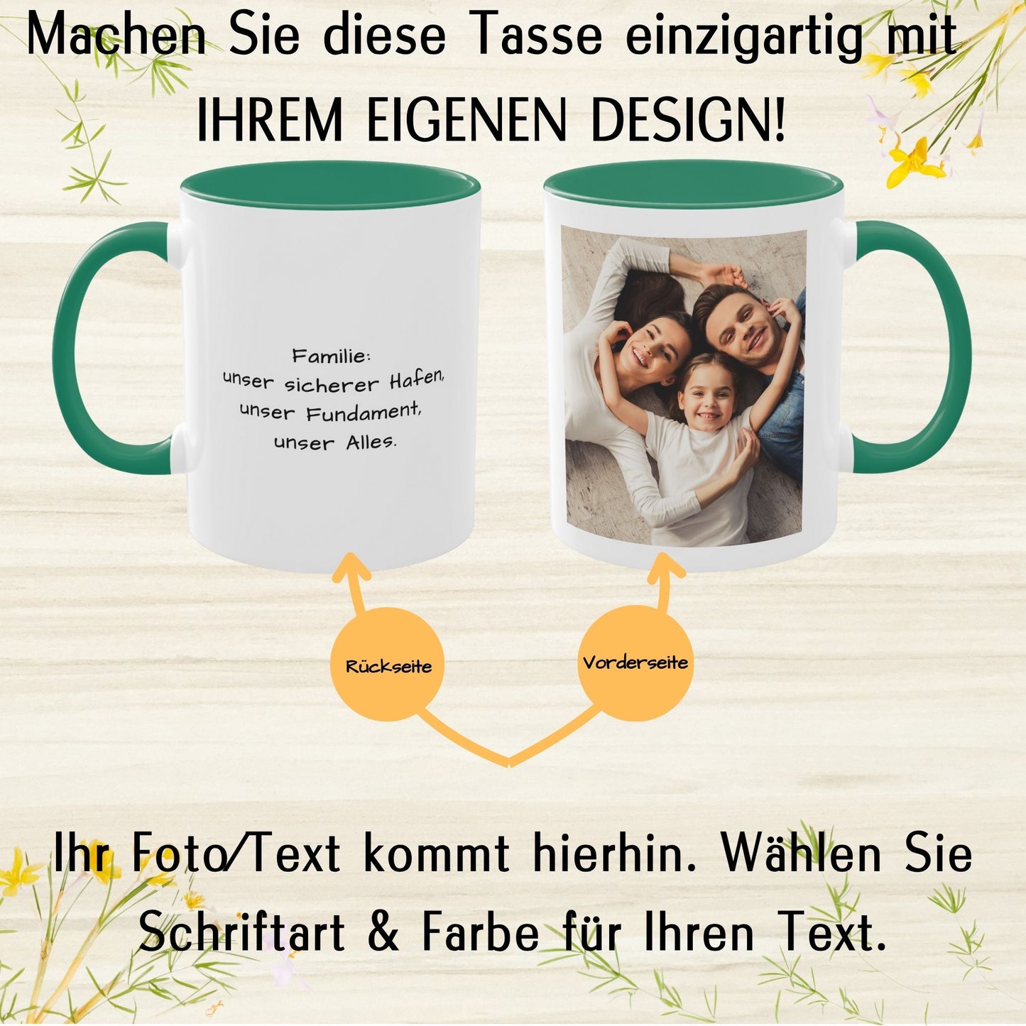 Personalisierte Tasse, weiß/grün, 325 ml, Geschenkidee mit Foto, Text oder Logo, quadratisches Design