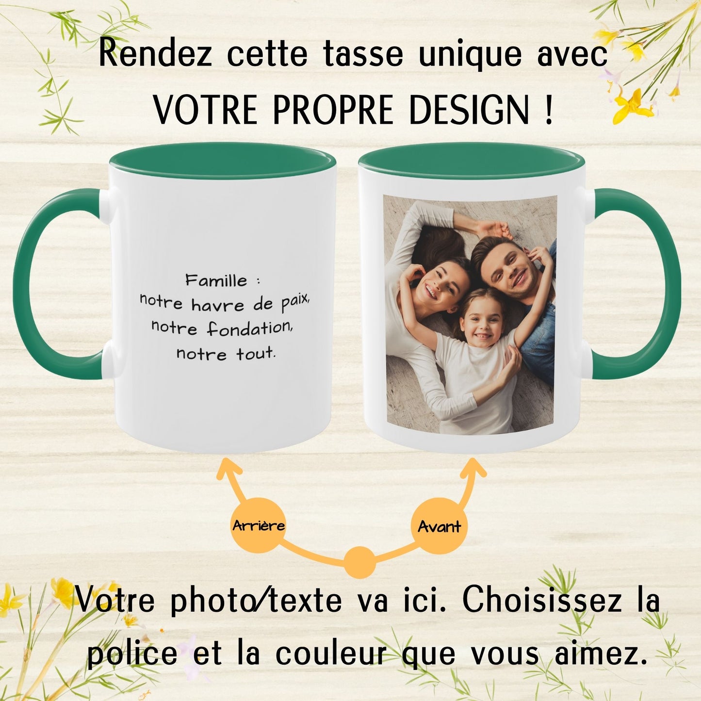 Mug personnalisé, Tasse à café en céramique blanche/verte de 325 ml au design carré, Cadeau personnalisé avec photo, texte ou logo