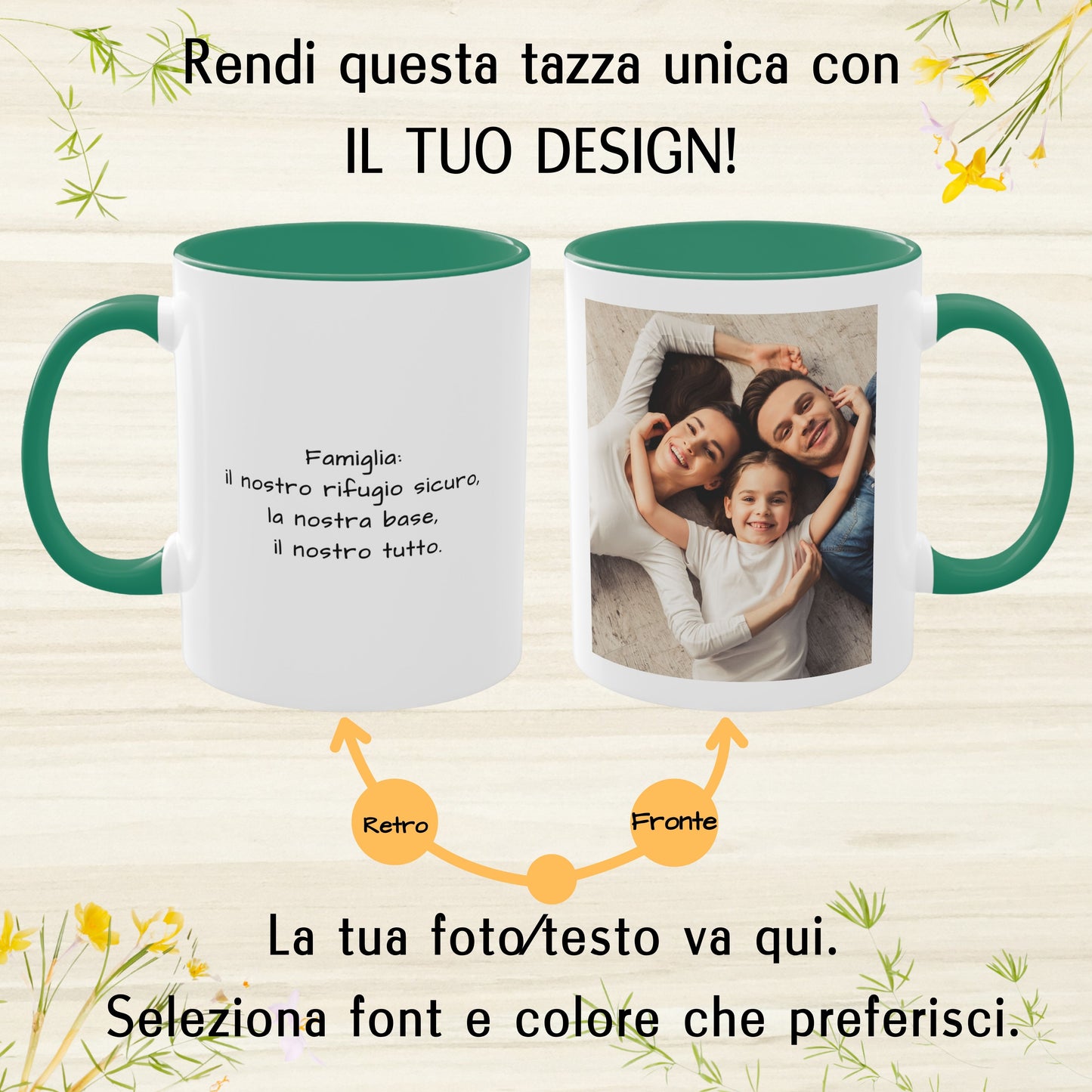 Tazza personalizzata, 325 ml Bianco/verde Design quadrato Tazza da caffè in ceramica, Regalo personalizzato con foto, testo o logo