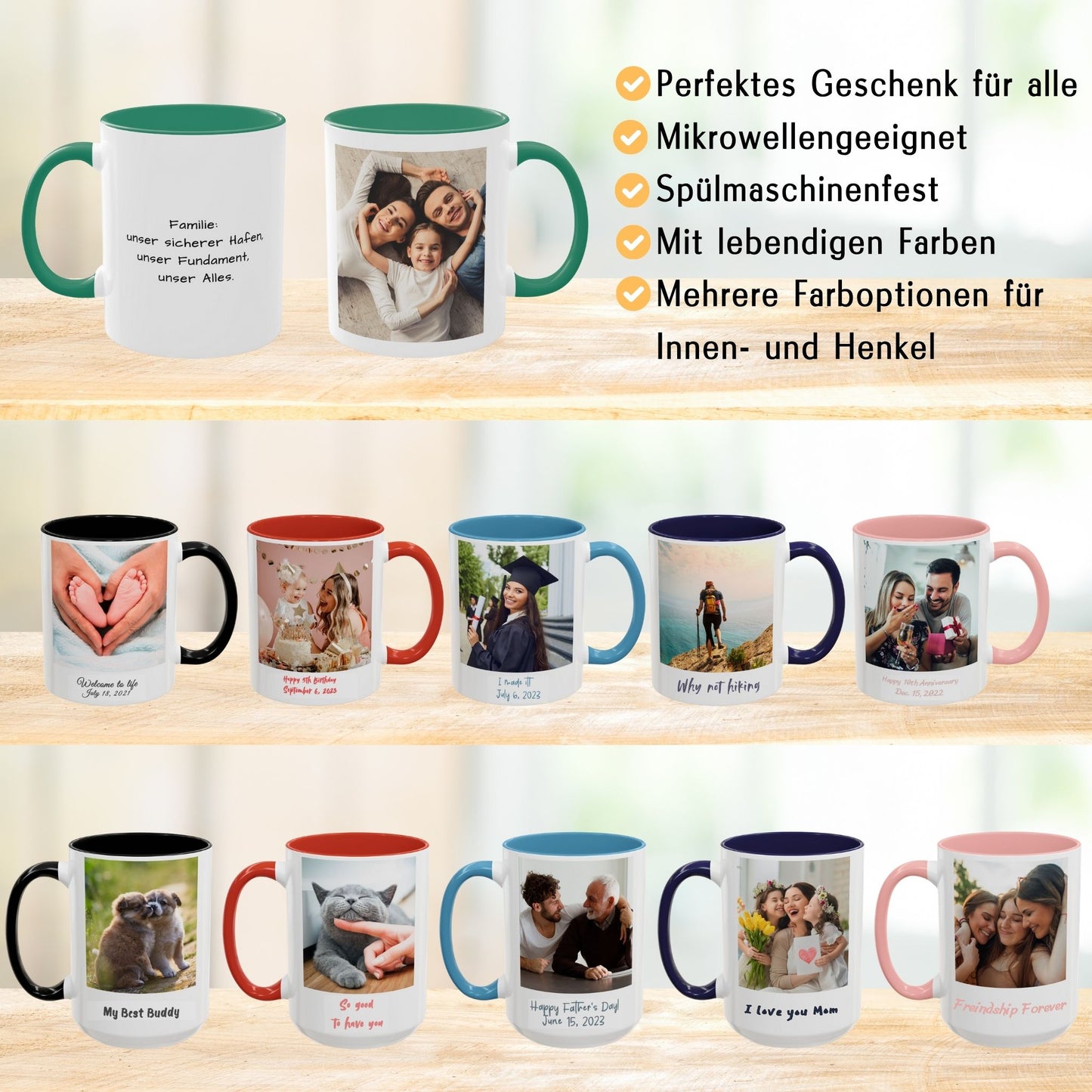 Personalisierte Tasse, weiß/grün, 325 ml, Geschenkidee mit Foto, Text oder Logo, quadratisches Design
