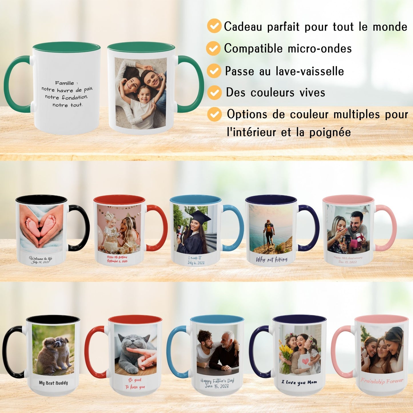 Mug personnalisé, Tasse à café en céramique blanche/verte de 325 ml au design carré, Cadeau personnalisé avec photo, texte ou logo