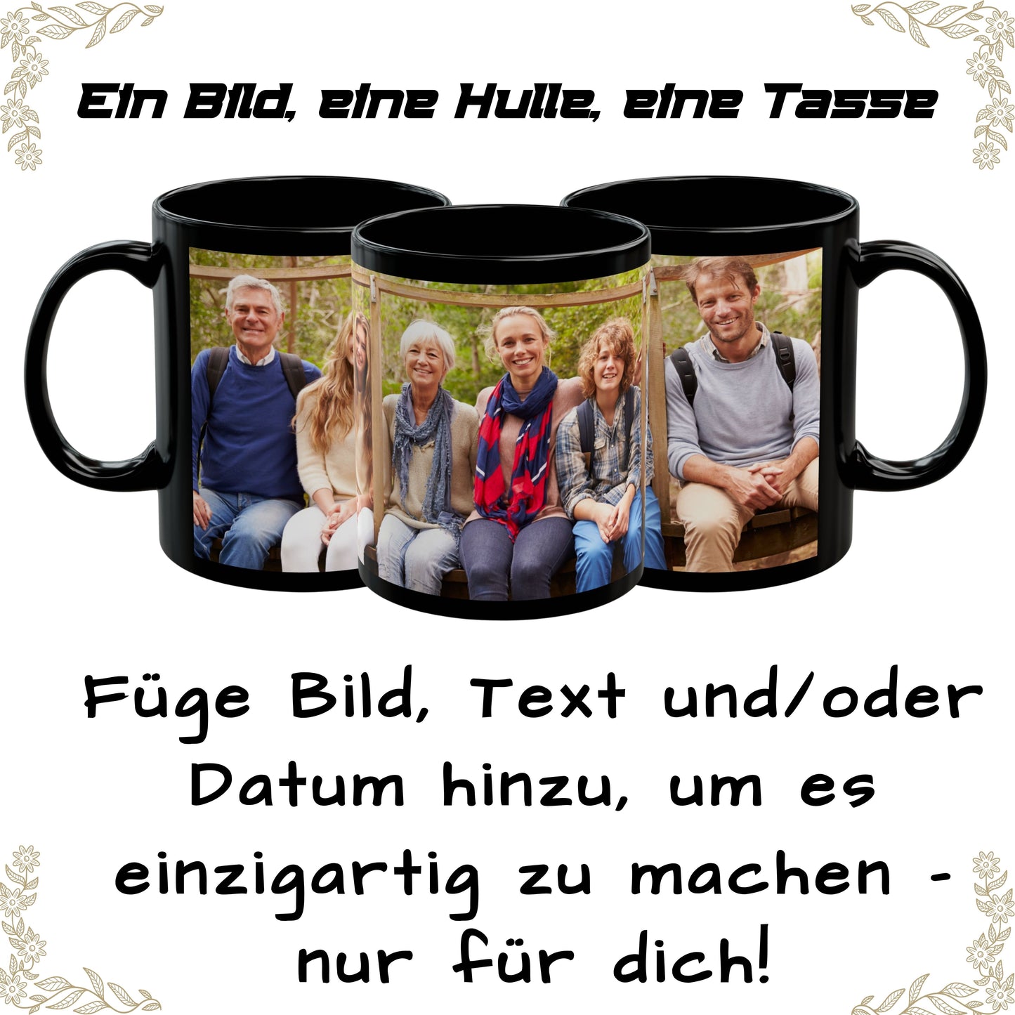 Benutzerdefinierte Tasse, 325ml Rundum-Design in Schwarz, Keramik-Kaffeetasse, personalisiertes Geschenk mit Foto, Text oder Logo