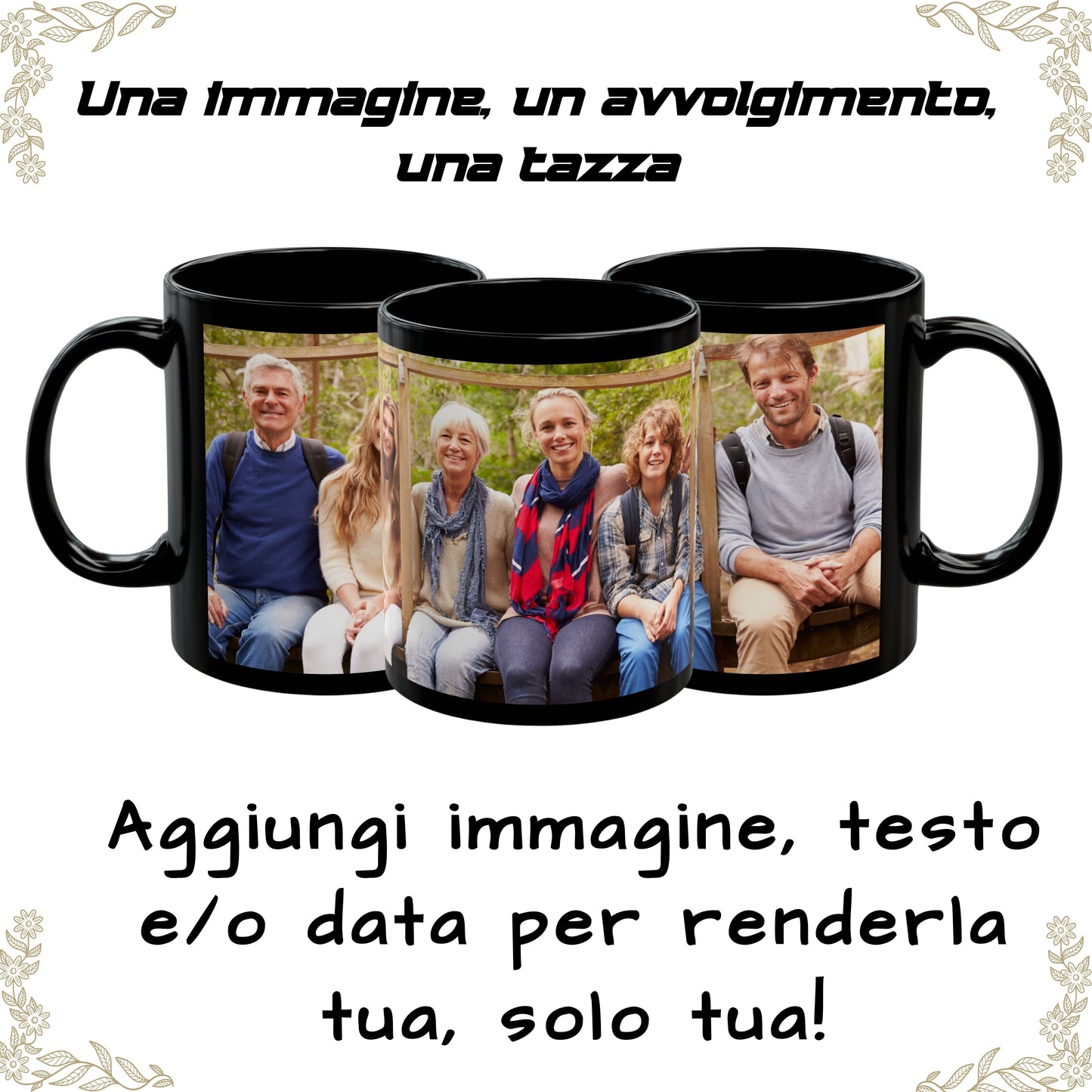 Personalisierte Tasse, 325 ml, komplett schwarzes umlaufendes Design, Keramik-Kaffeetasse, personalisiertes Geschenk mit Foto, Text oder Logo