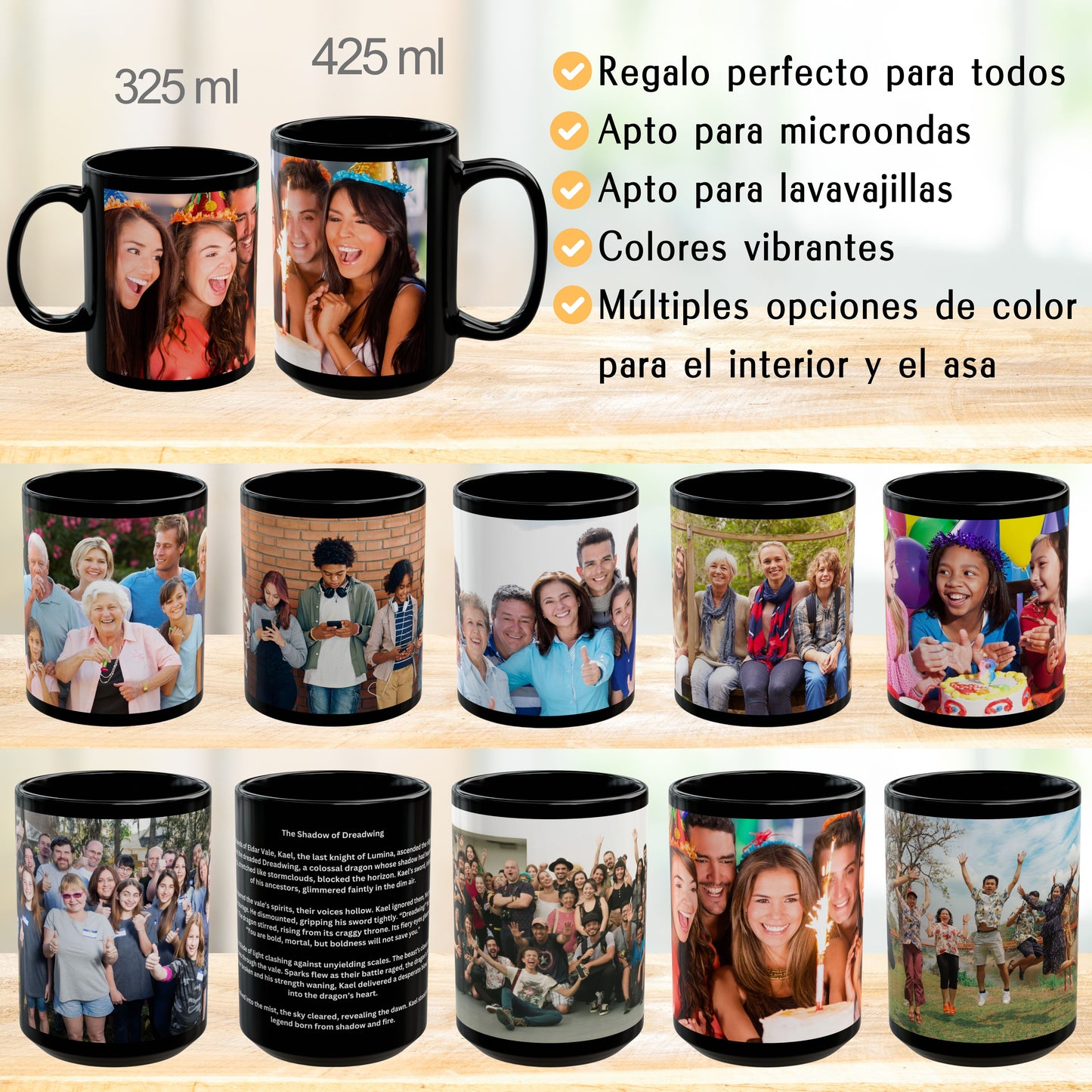 Personalisierte Tasse, 325ml Vollständig schwarz Umlaufendes Design Keramische Kaffeetasse, Personalisiertes Geschenk mit Foto, Text oder Logo