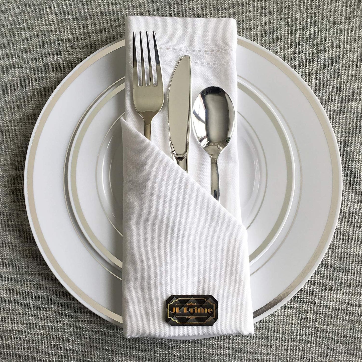 JL Prime 300 Silbernes Kunststoff-Besteckset, Silbernes Kunststoff-Besteckset, Robustes Besteck für Partys und Hochzeiten, Einweg-Silberbesteck, 100 Kunststoffgabeln, 100 Kunststofflöffel, 100 Kunststoffmesser 