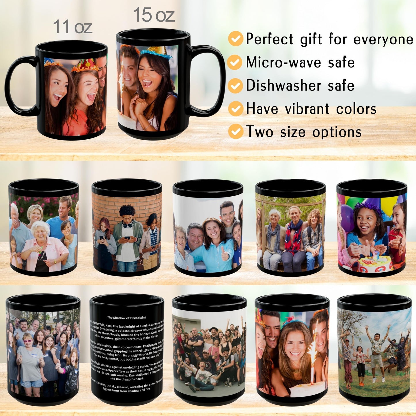 Mug personnalisé, Mug à café en céramique de 325 ml, entièrement noir, avec motif enveloppant, Cadeau personnalisé avec photo, texte ou logo