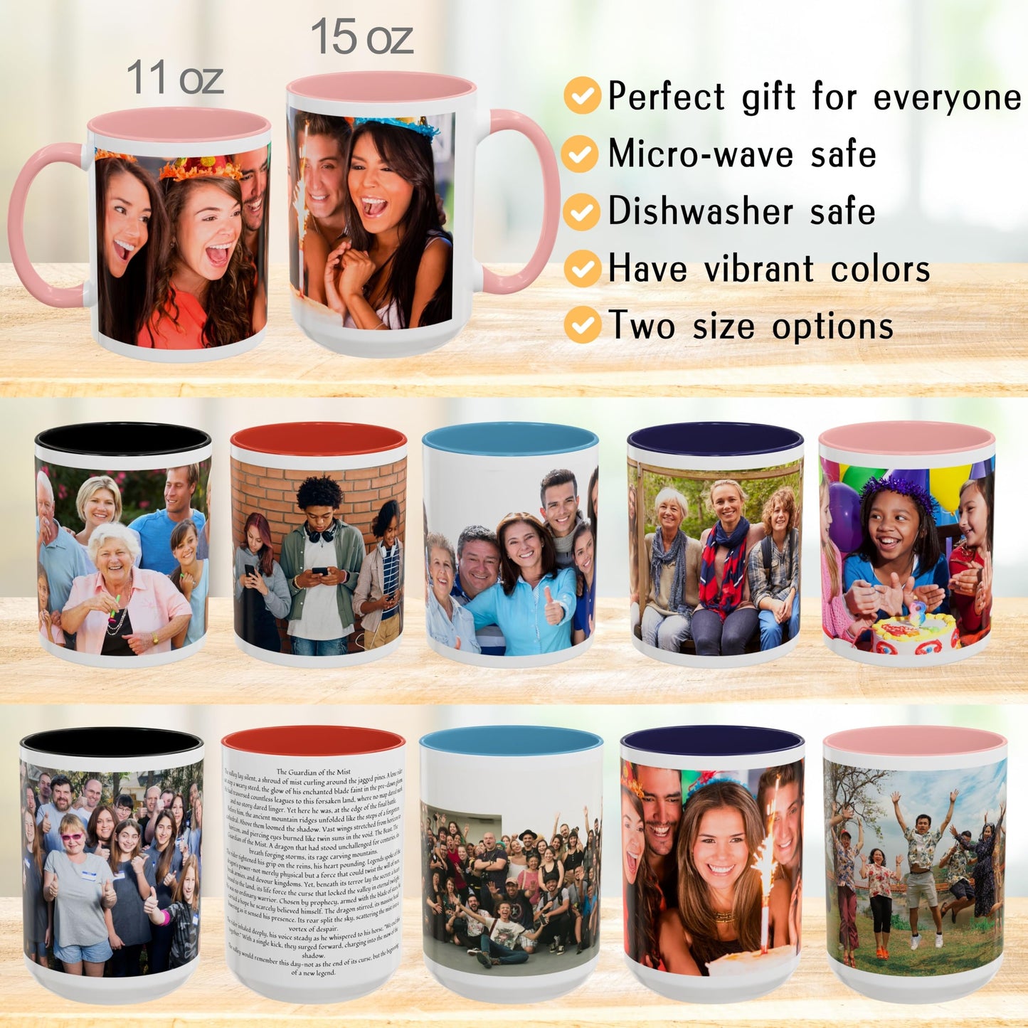 Custom Mug, 11oz White/Pink Wrap Around Design Ceramic Coffee Mug, Personalized Gift with Photo, Text or Logo