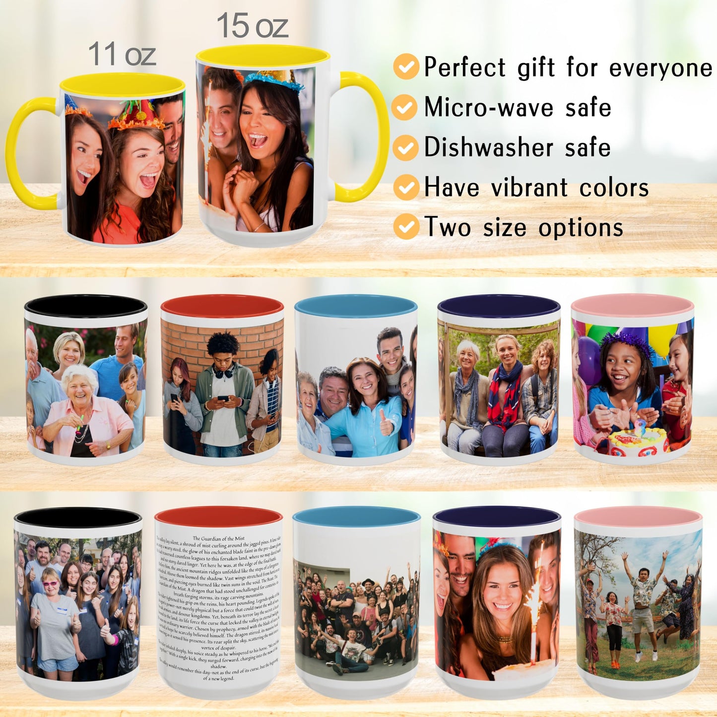 Custom Mug, 11oz White/Yellow Wrap Around Design Ceramic Coffee Mug, Personalized Gift with Photo, Text or Logo