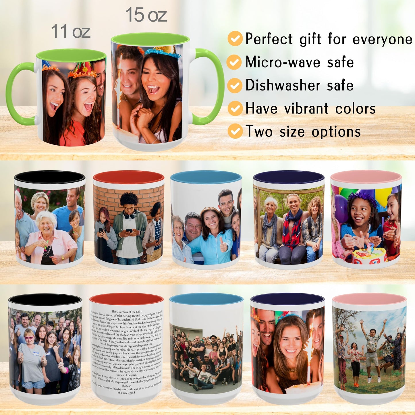 Custom Mug White/Light Green 15oz, Personalized Gift with Photo, Text or Logo, Wrap Around Design
