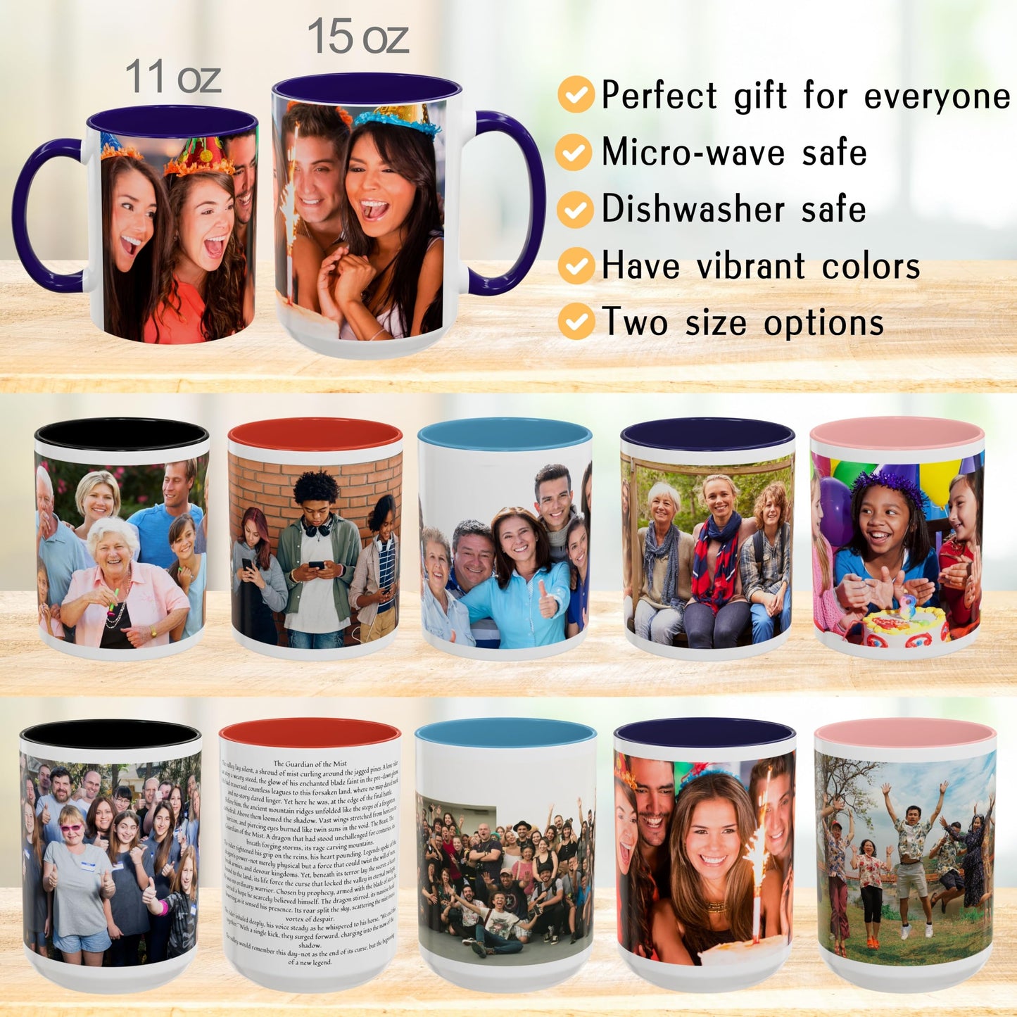 Custom Mug, 11oz White/Blue Wrap Around Design Ceramic Coffee Mug, Personalized Gift with Photo, Text or Logo